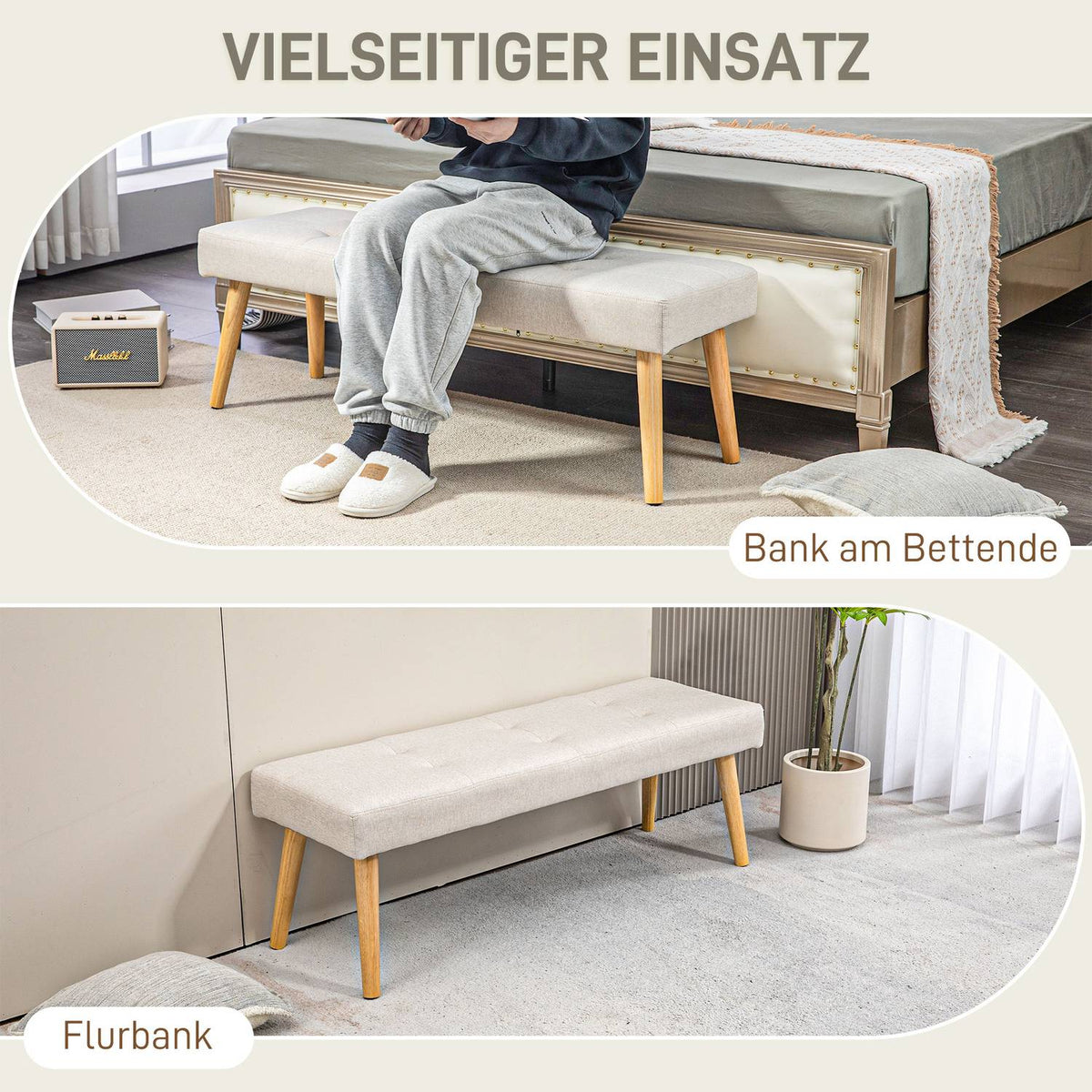 Bench, upholstered bench with linen look, button stitching, bed bench with wooden legs for bedroom, living room, hallway, 120 x 41 x 43 cm, cream