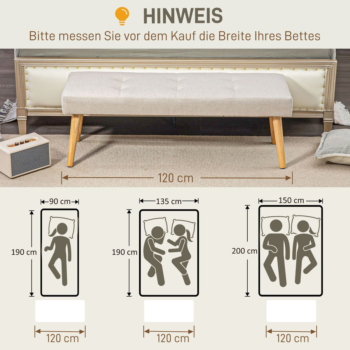 Bench, upholstered bench with linen look, button stitching, bed bench with wooden legs for bedroom, living room, hallway, 120 x 41 x 43 cm, cream