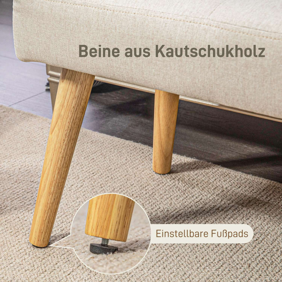 Bench, upholstered bench with linen look, button stitching, bed bench with wooden legs for bedroom, living room, hallway, 120 x 41 x 43 cm, cream