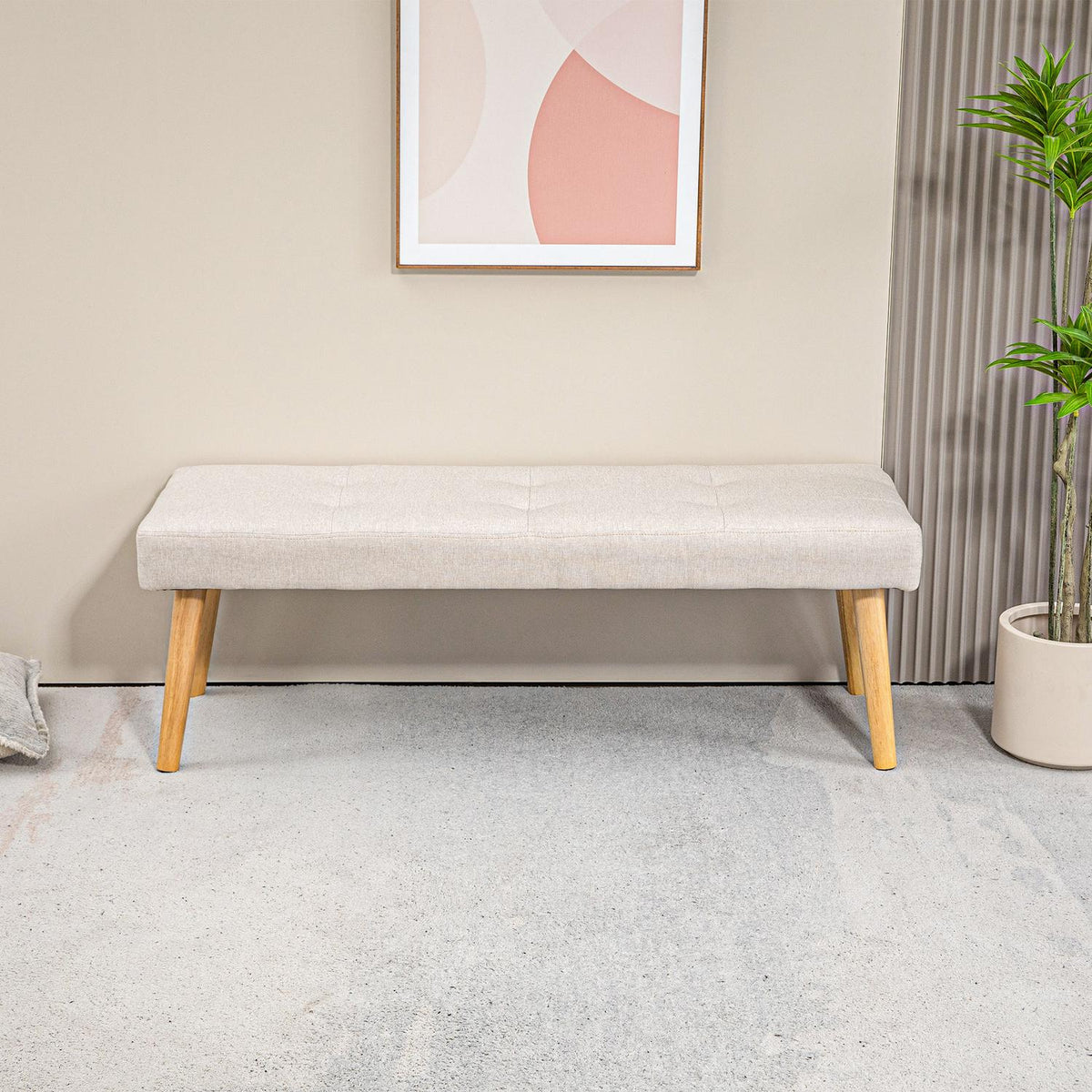 Bench, upholstered bench with linen look, button stitching, bed bench with wooden legs for bedroom, living room, hallway, 120 x 41 x 43 cm, cream