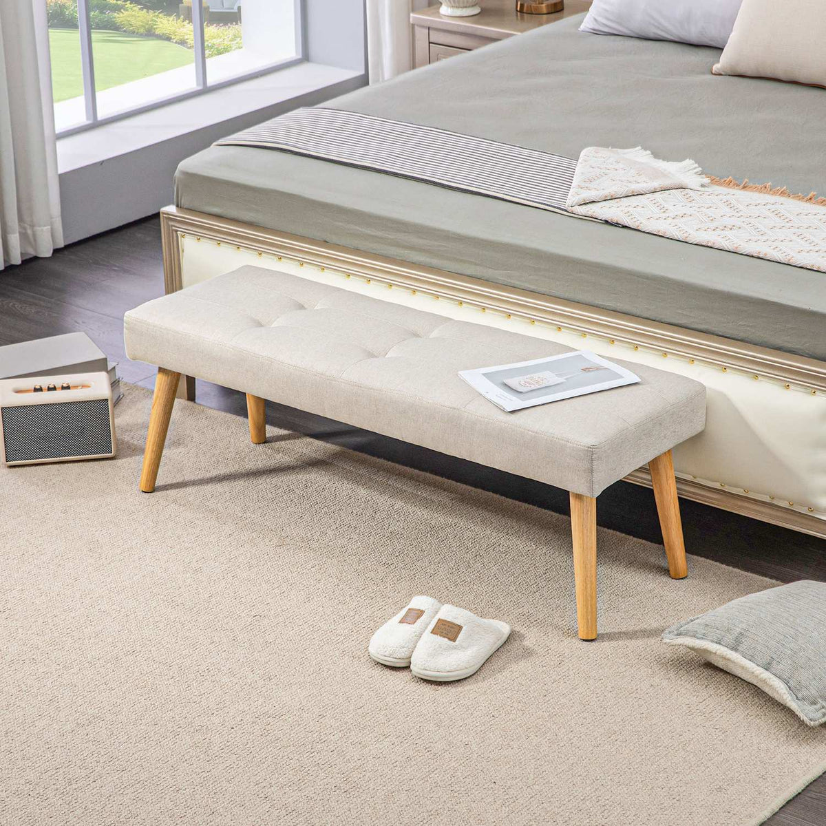 Bench, upholstered bench with linen look, button stitching, bed bench with wooden legs for bedroom, living room, hallway, 120 x 41 x 43 cm, cream