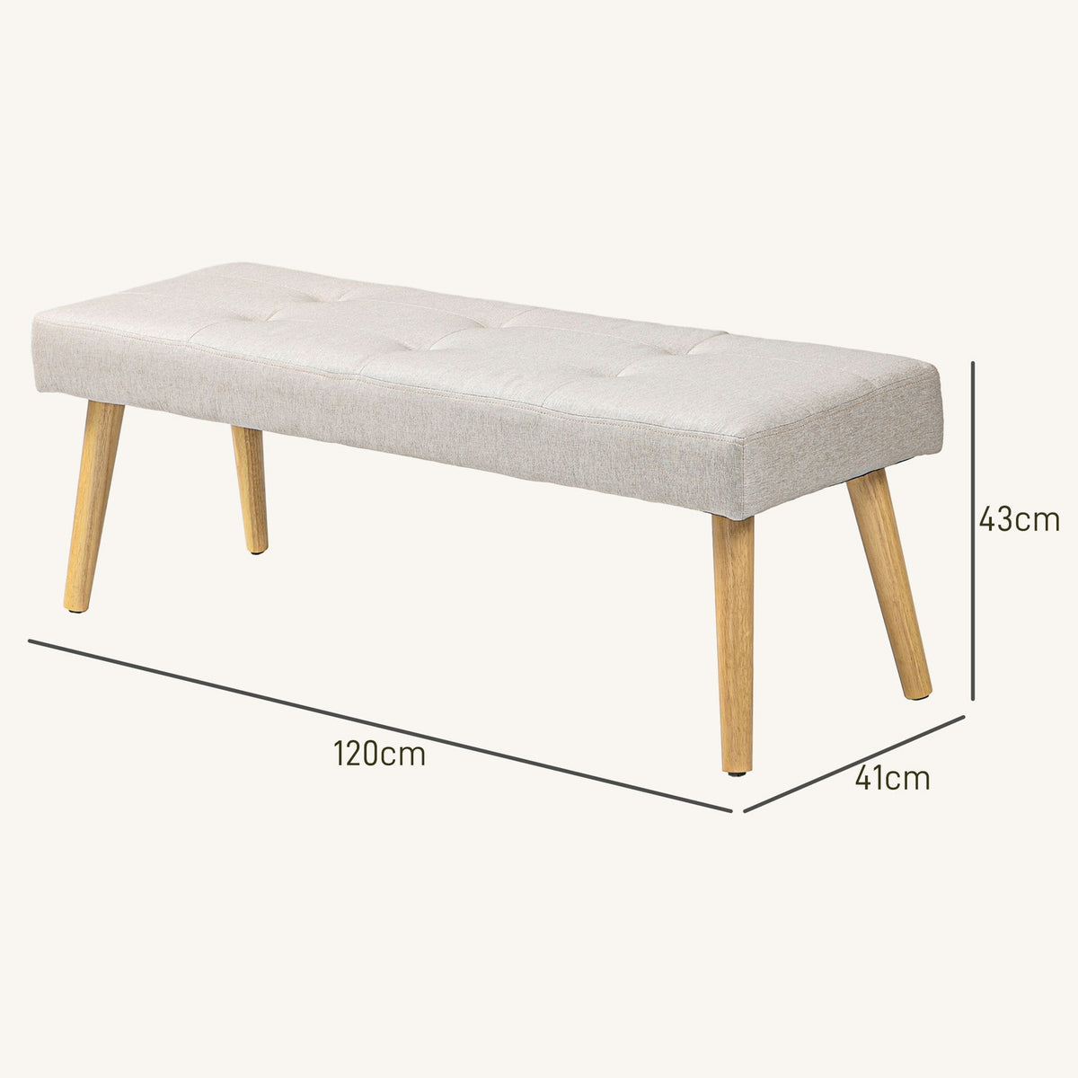 Bench, upholstered bench with linen look, button stitching, bed bench with wooden legs for bedroom, living room, hallway, 120 x 41 x 43 cm, cream