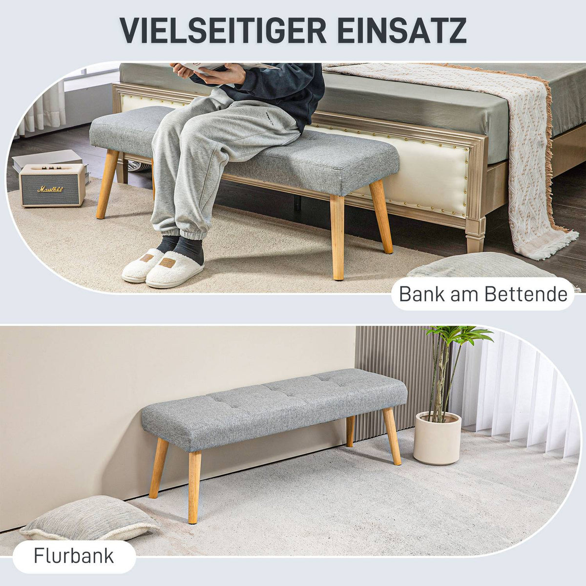 Bench, upholstered bench with linen look, button stitching, bed bench with wooden legs for bedroom, living room, hallway, 120 x 41 x 43 cm, gray