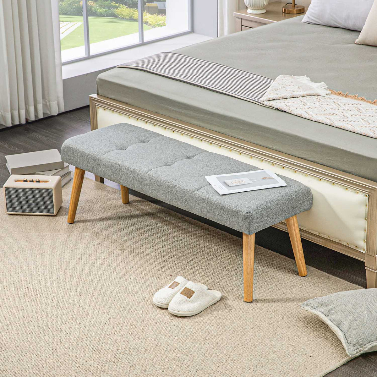 Bench, upholstered bench with linen look, button stitching, bed bench with wooden legs for bedroom, living room, hallway, 120 x 41 x 43 cm, gray