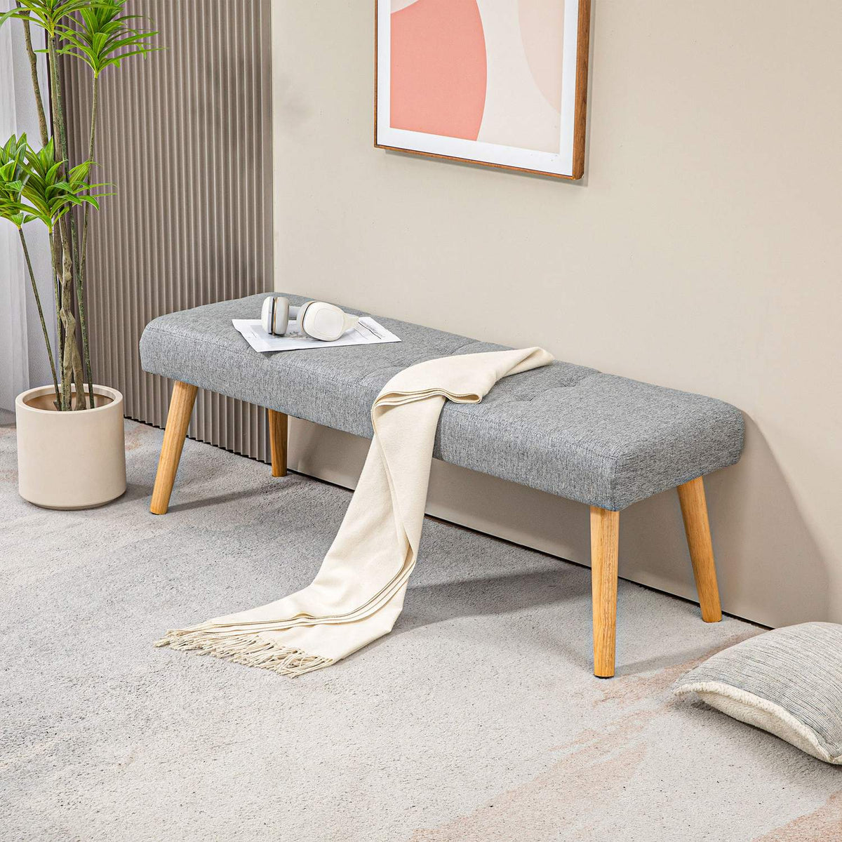 Bench, upholstered bench with linen look, button stitching, bed bench with wooden legs for bedroom, living room, hallway, 120 x 41 x 43 cm, gray