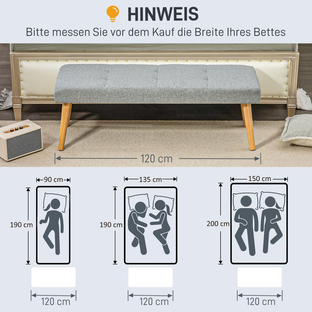 Bench, upholstered bench with linen look, button stitching, bed bench with wooden legs for bedroom, living room, hallway, 120 x 41 x 43 cm, gray