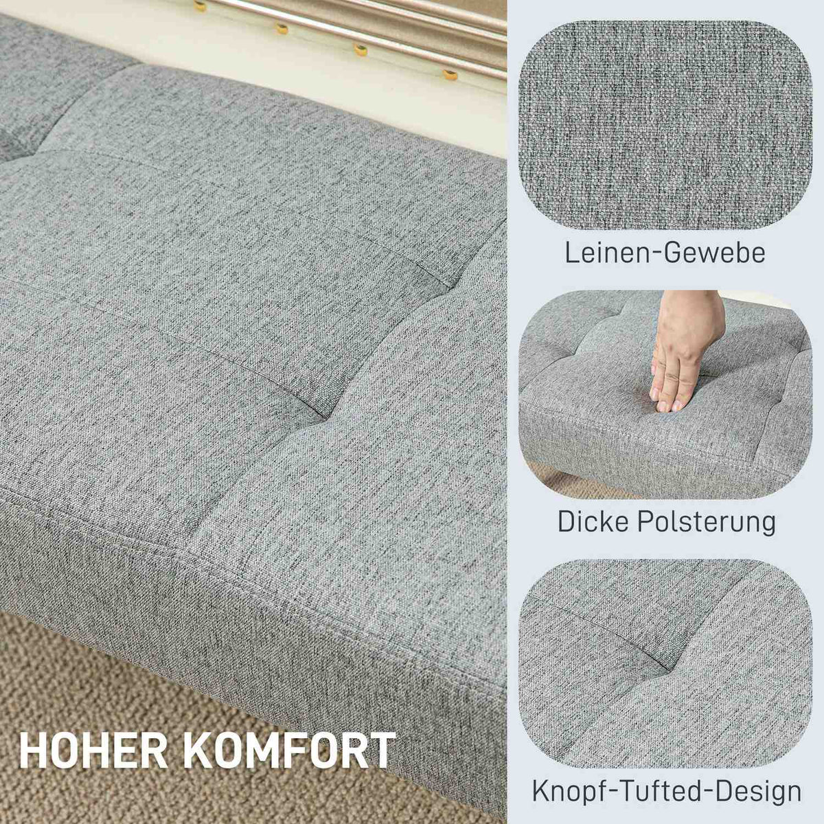Bench, upholstered bench with linen look, button stitching, bed bench with wooden legs for bedroom, living room, hallway, 120 x 41 x 43 cm, gray