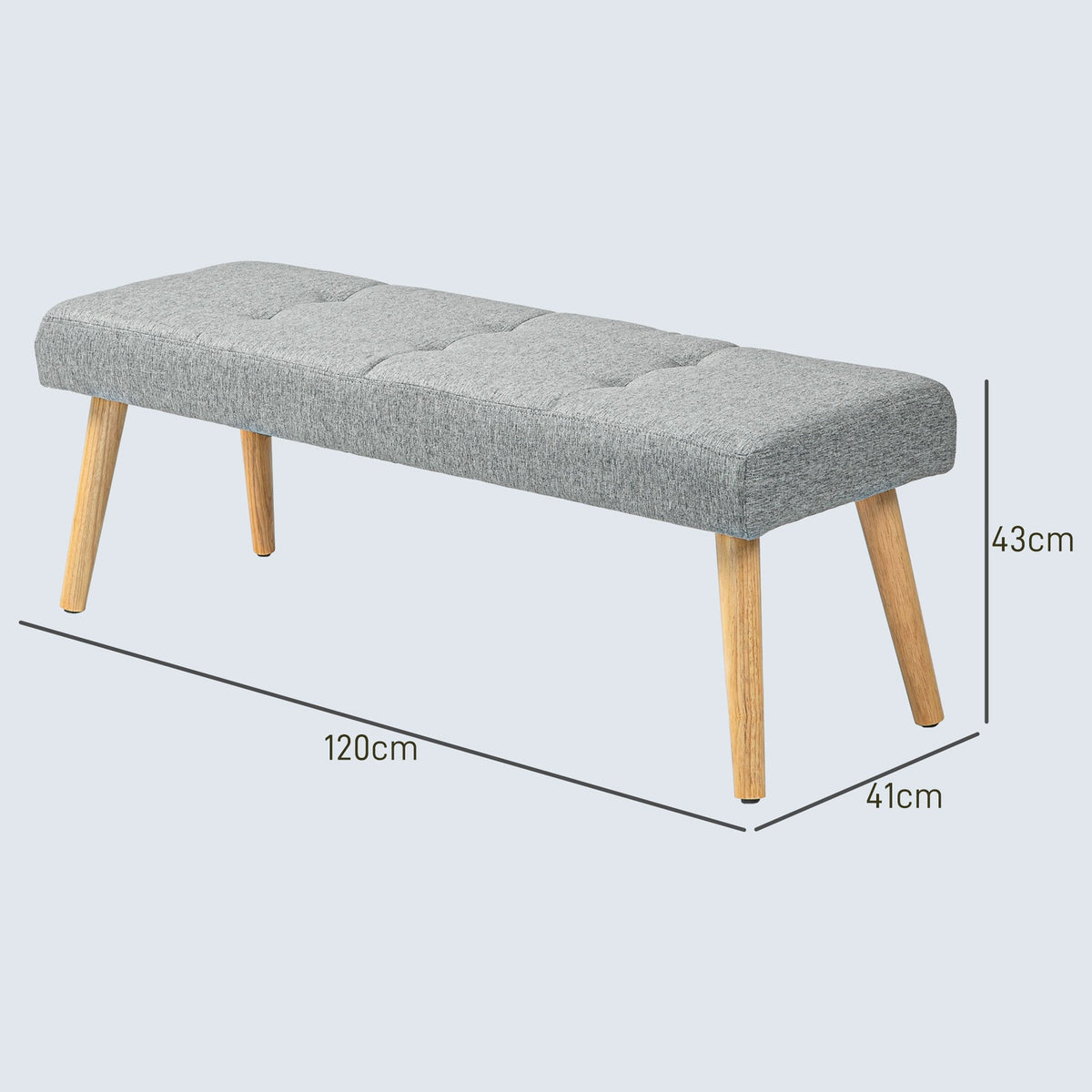 Bench, upholstered bench with linen look, button stitching, bed bench with wooden legs for bedroom, living room, hallway, 120 x 41 x 43 cm, gray