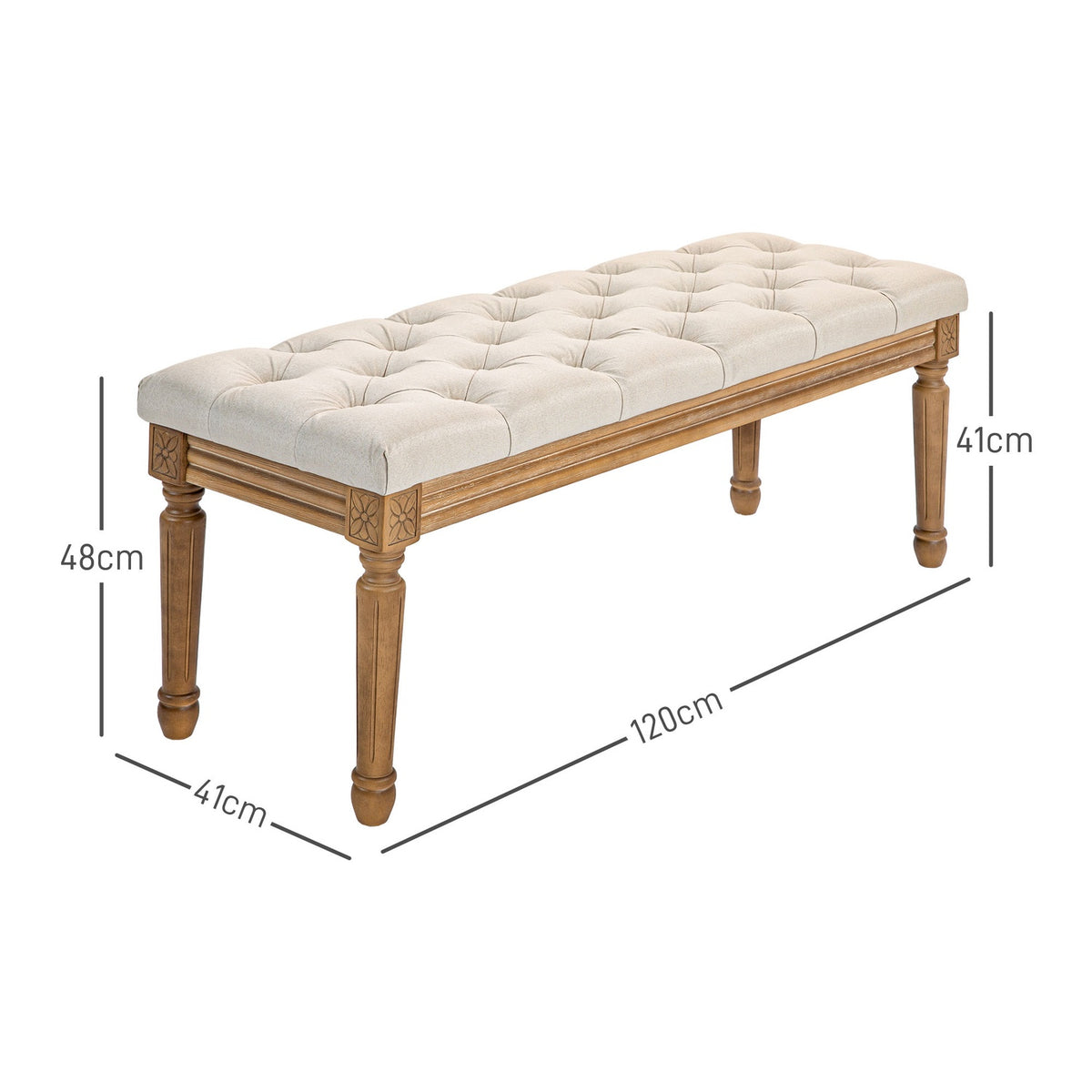 Bench, upholstered bench with linen look, wooden legs, bed bench for bedroom, living room, hallway, 120 x 41 x 48 cm, cream