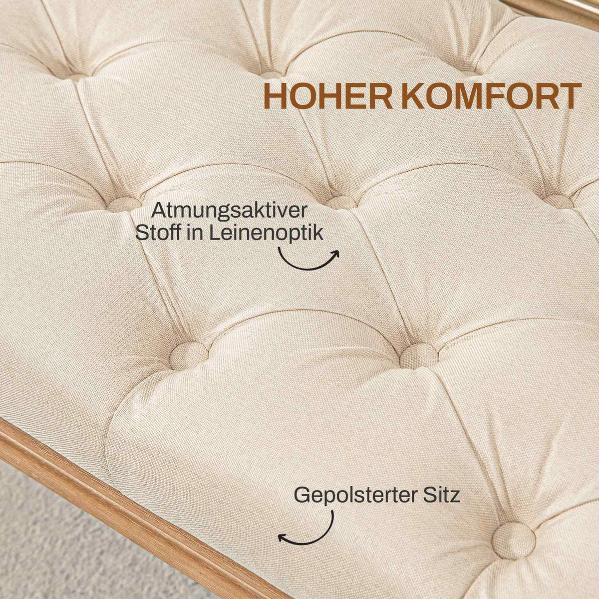 Bench, upholstered bench with linen look, wooden legs, bed bench for bedroom, living room, hallway, 120 x 41 x 48 cm, cream