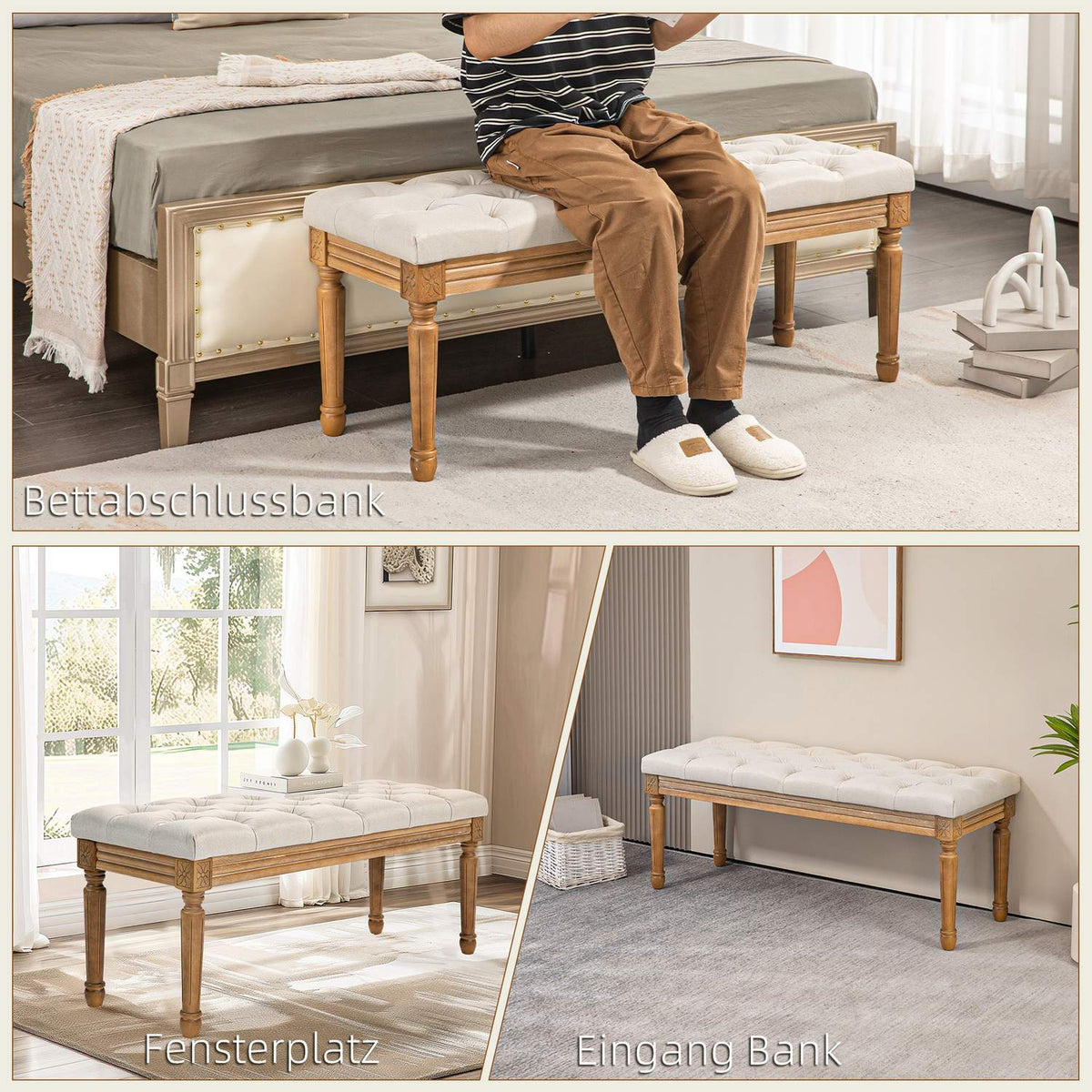 Bench, upholstered bench with linen look, wooden legs, bed bench for bedroom, living room, hallway, 120 x 41 x 48 cm, cream
