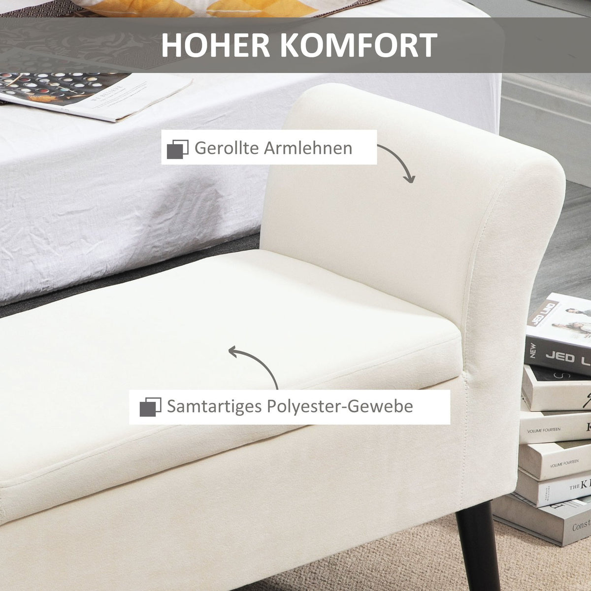 Bench upholstered bench with storage space bed bench with armrest for hallway bedroom velvety polyester 111.5 x 41 x 65 cm cream white