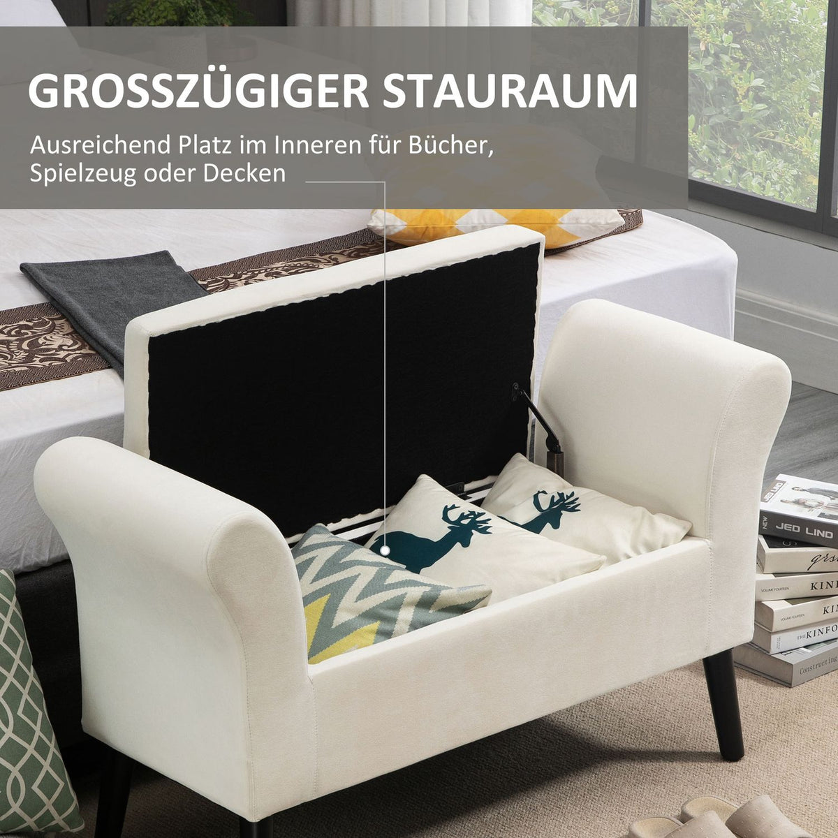 Bench upholstered bench with storage space bed bench with armrest for hallway bedroom velvety polyester 111.5 x 41 x 65 cm cream white