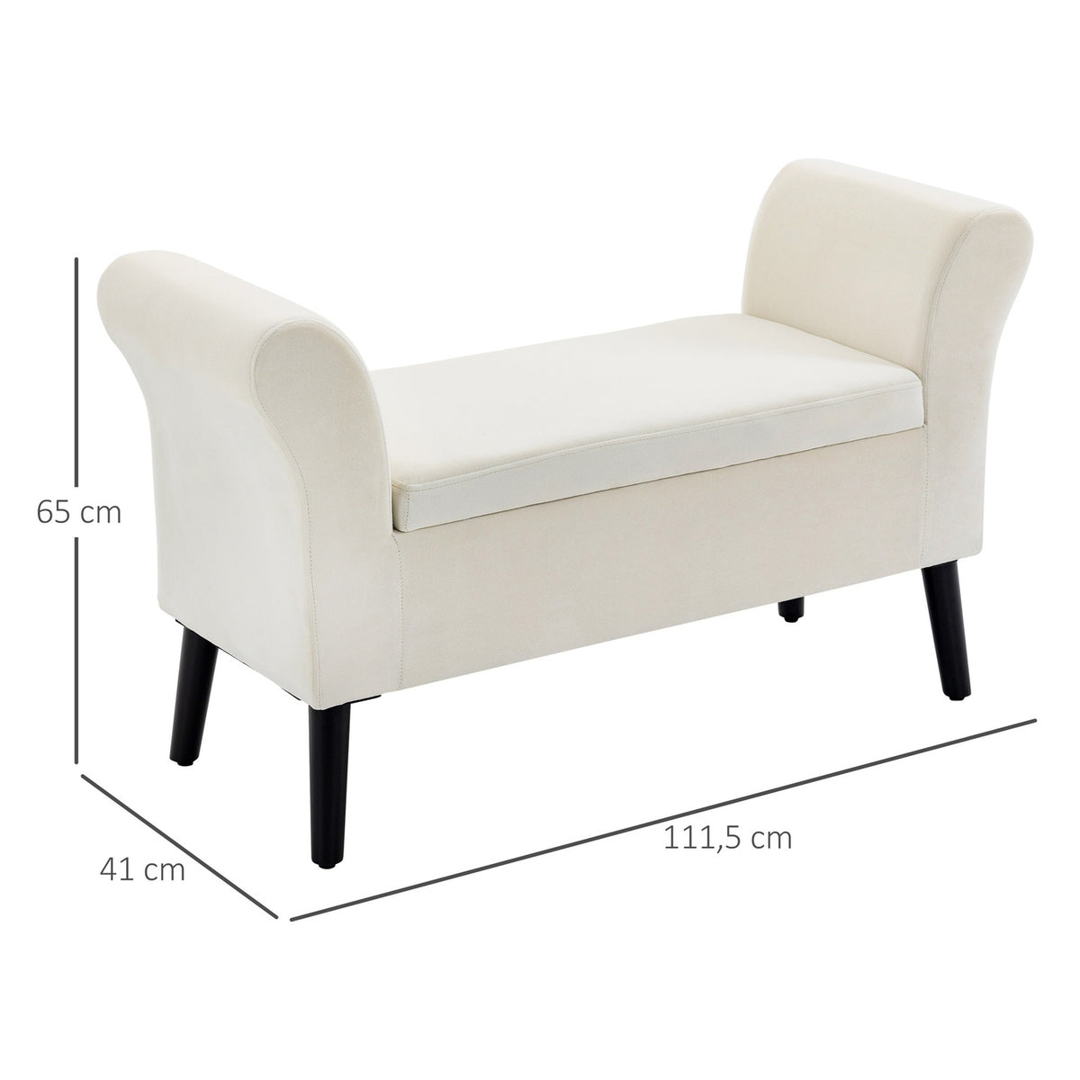 Bench upholstered bench with storage space bed bench with armrest for hallway bedroom velvety polyester 111.5 x 41 x 65 cm cream white