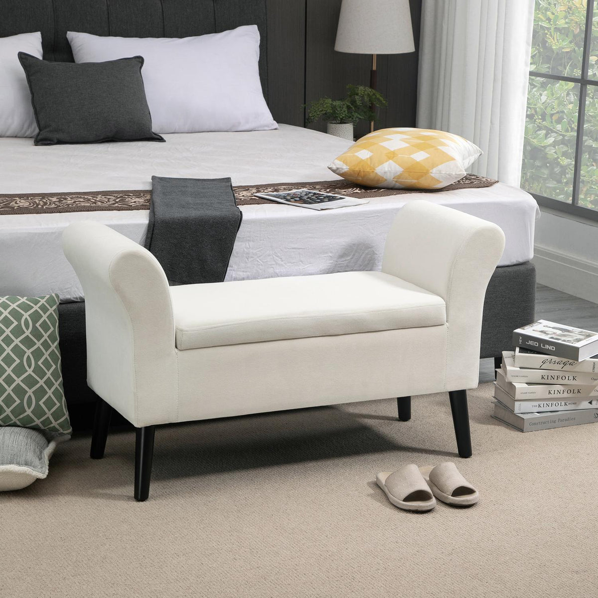 Bench upholstered bench with storage space bed bench with armrest for hallway bedroom velvety polyester 111.5 x 41 x 65 cm cream white