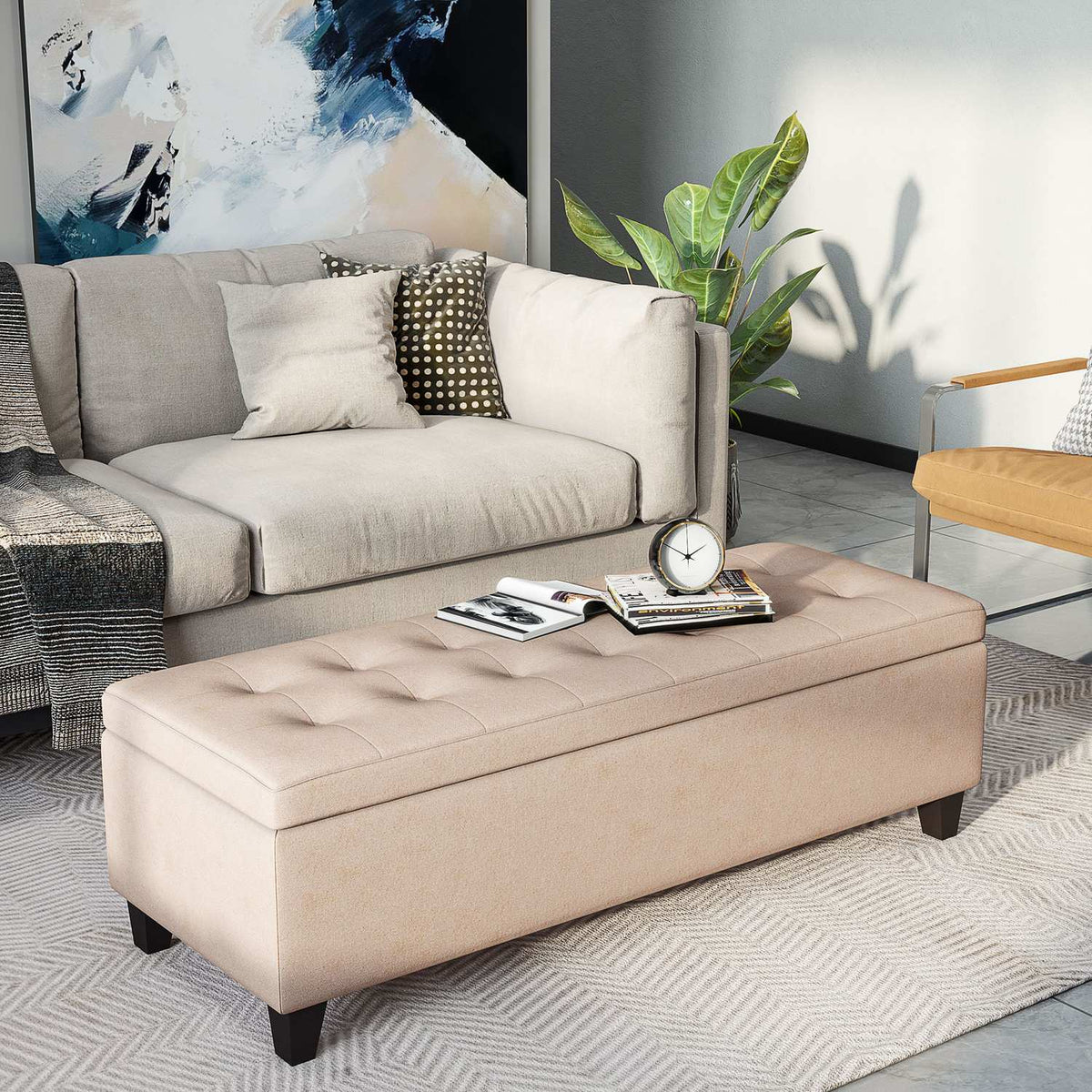Bench, upholstered bench with storage space, bed bench with lid, linen look, chest bench, storage bench for living room, bedroom, beige