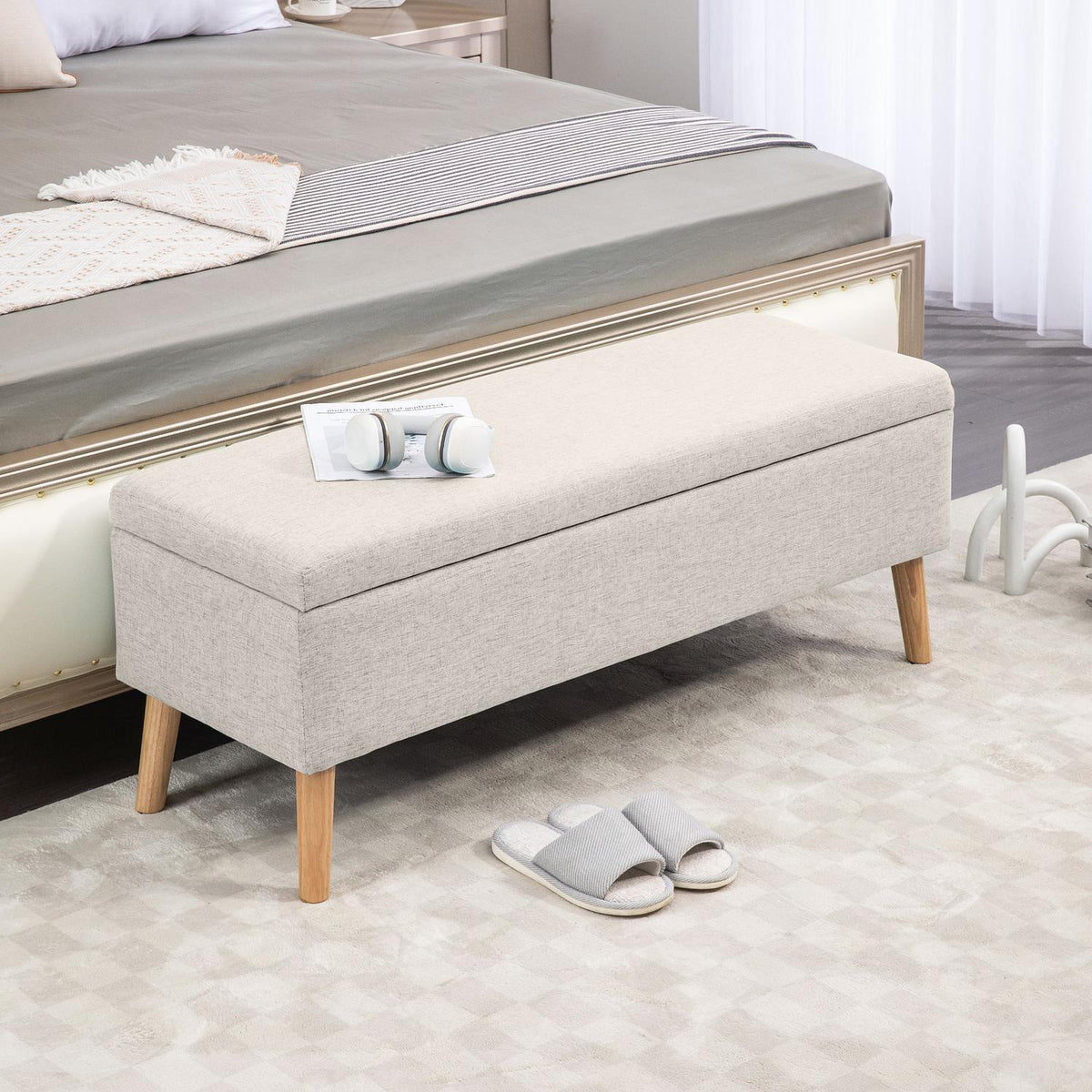 Bench upholstered bench with storage space bed bench with linen look for hallway bedroom living room rubber wood beige 110 x 39 x 45 cm