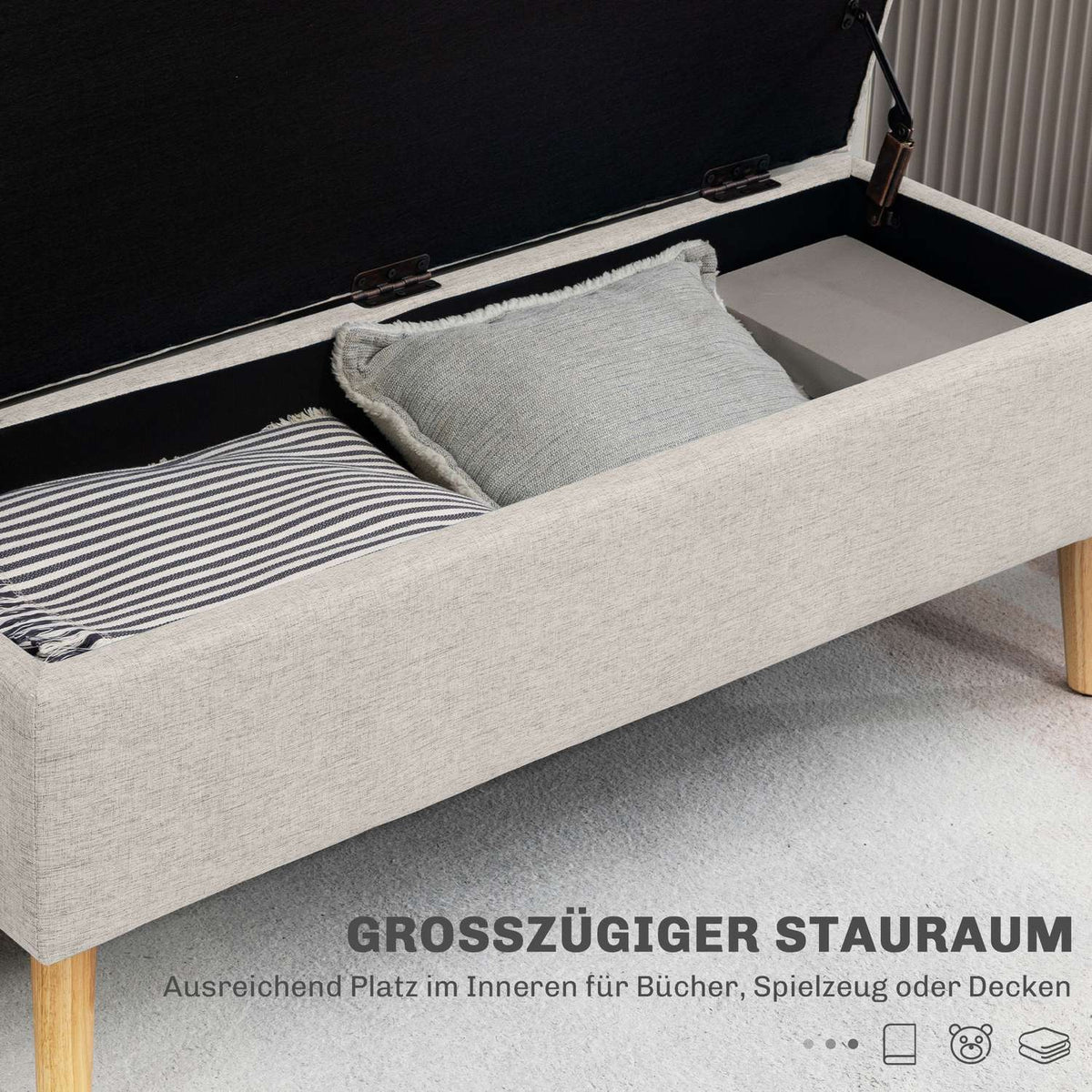 Bench upholstered bench with storage space bed bench with linen look for hallway bedroom living room rubber wood beige 110 x 39 x 45 cm