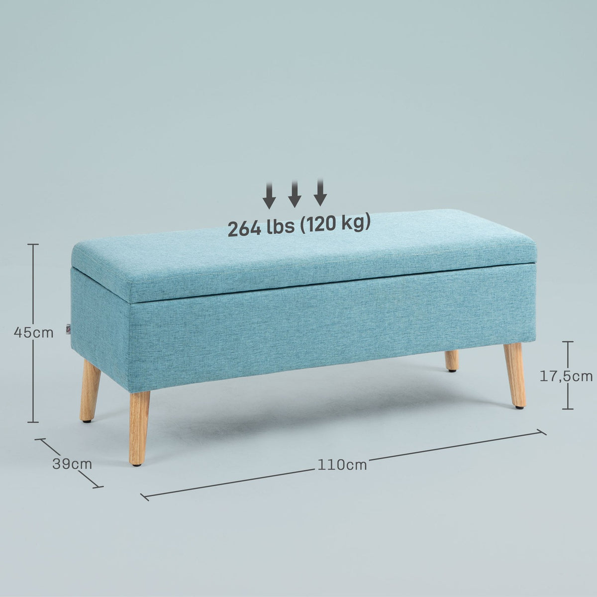 Bench upholstered bench with storage space bed bench with linen look for hallway bedroom living room rubber wood blue 110 x 39 x 45 cm