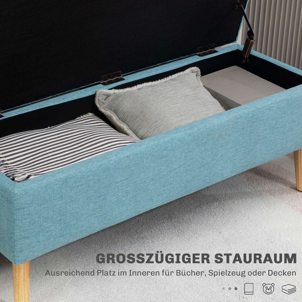 Bench upholstered bench with storage space bed bench with linen look for hallway bedroom living room rubber wood blue 110 x 39 x 45 cm
