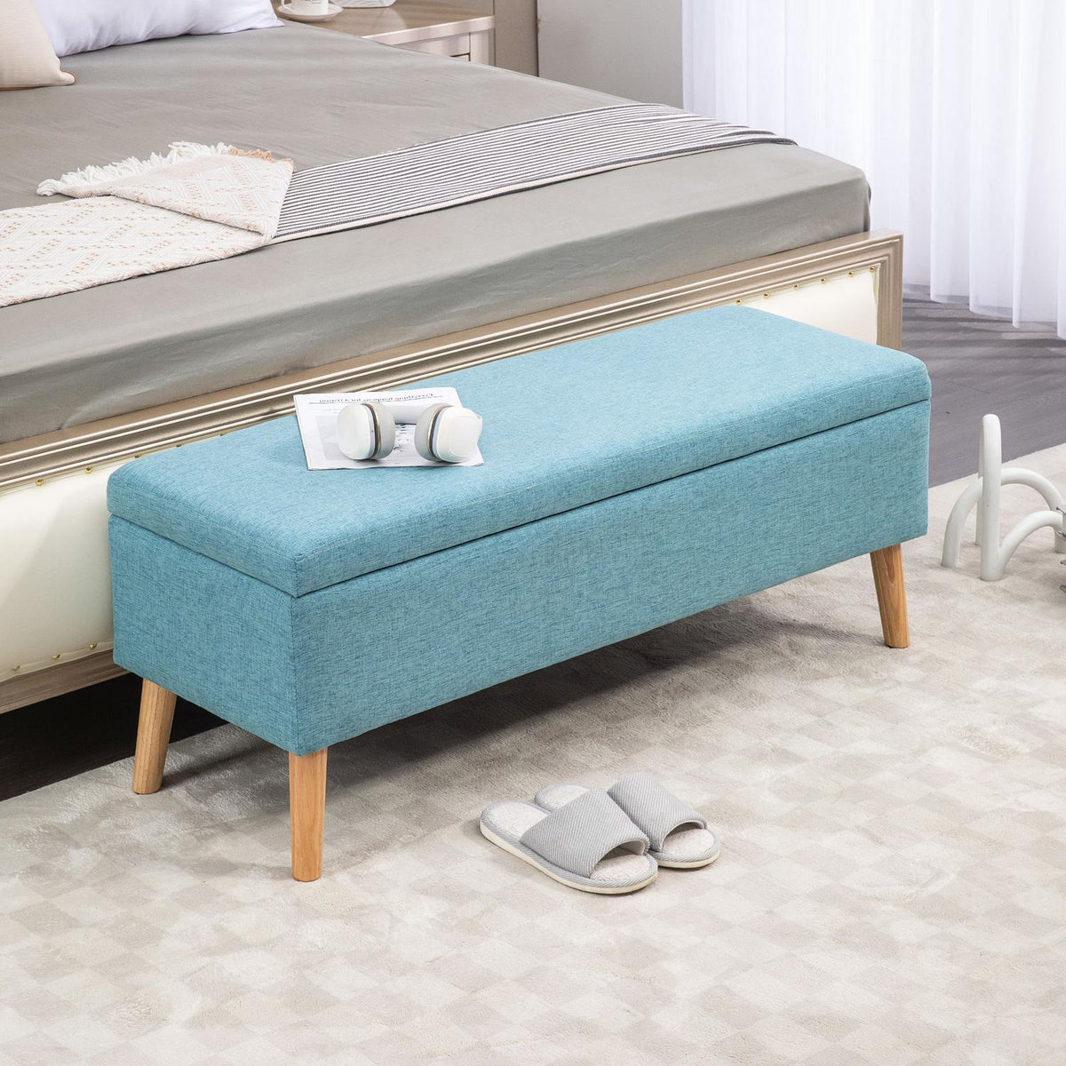 Bench upholstered bench with storage space bed bench with linen look for hallway bedroom living room rubber wood blue 110 x 39 x 45 cm