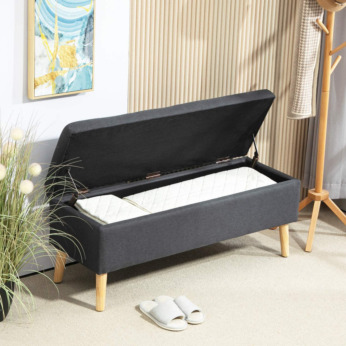 Bench upholstered bench with storage space bed bench with linen look for hallway bedroom living room rubber wood dark gray 110 x 39 x 45 cm