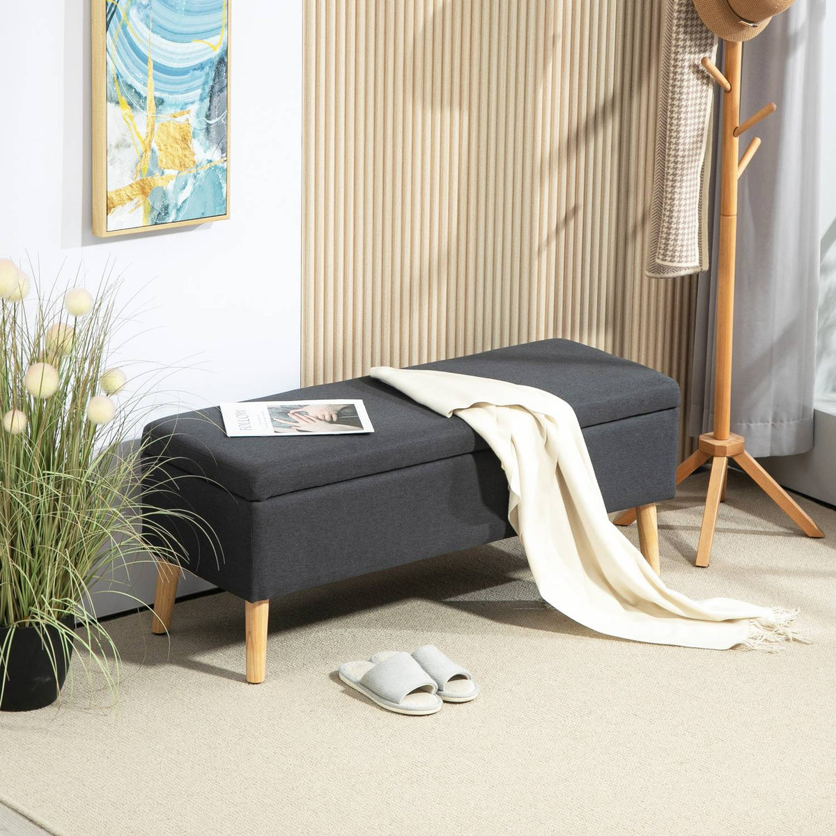 Bench upholstered bench with storage space bed bench with linen look for hallway bedroom living room rubber wood dark gray 110 x 39 x 45 cm