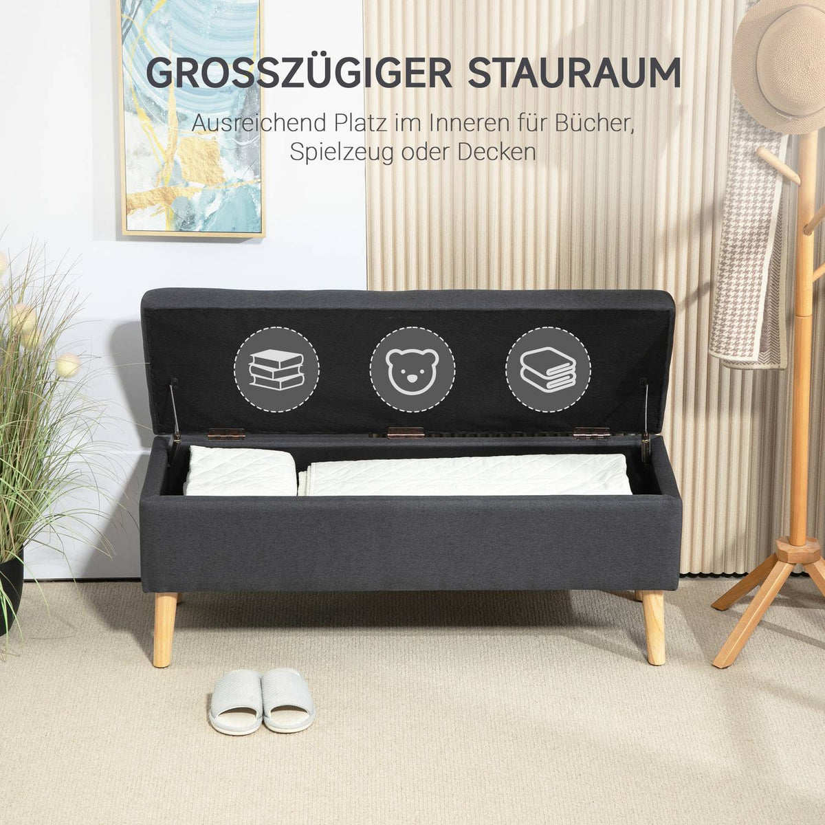 Bench upholstered bench with storage space bed bench with linen look for hallway bedroom living room rubber wood dark gray 110 x 39 x 45 cm