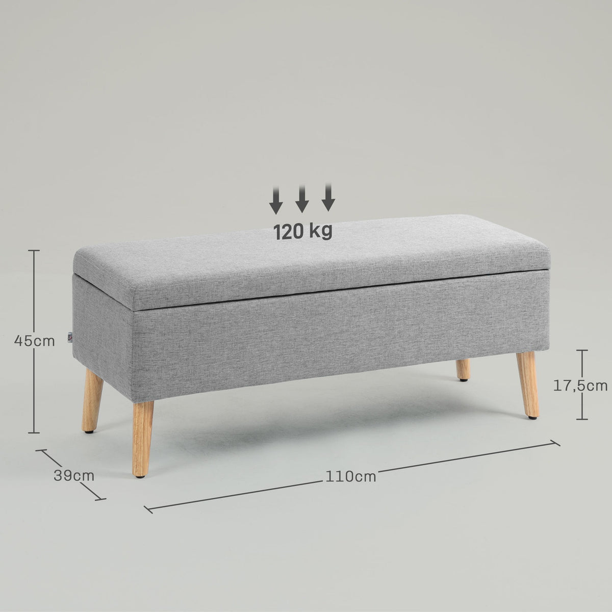 Bench upholstered bench with storage space bed bench with linen look for hallway bedroom living room rubber wood gray 110 x 39 x 45 cm