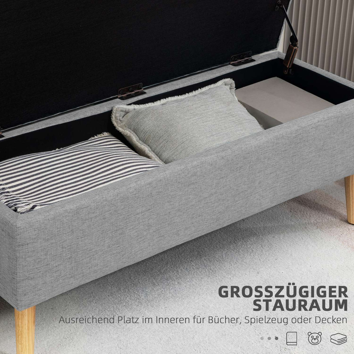 Bench upholstered bench with storage space bed bench with linen look for hallway bedroom living room rubber wood gray 110 x 39 x 45 cm