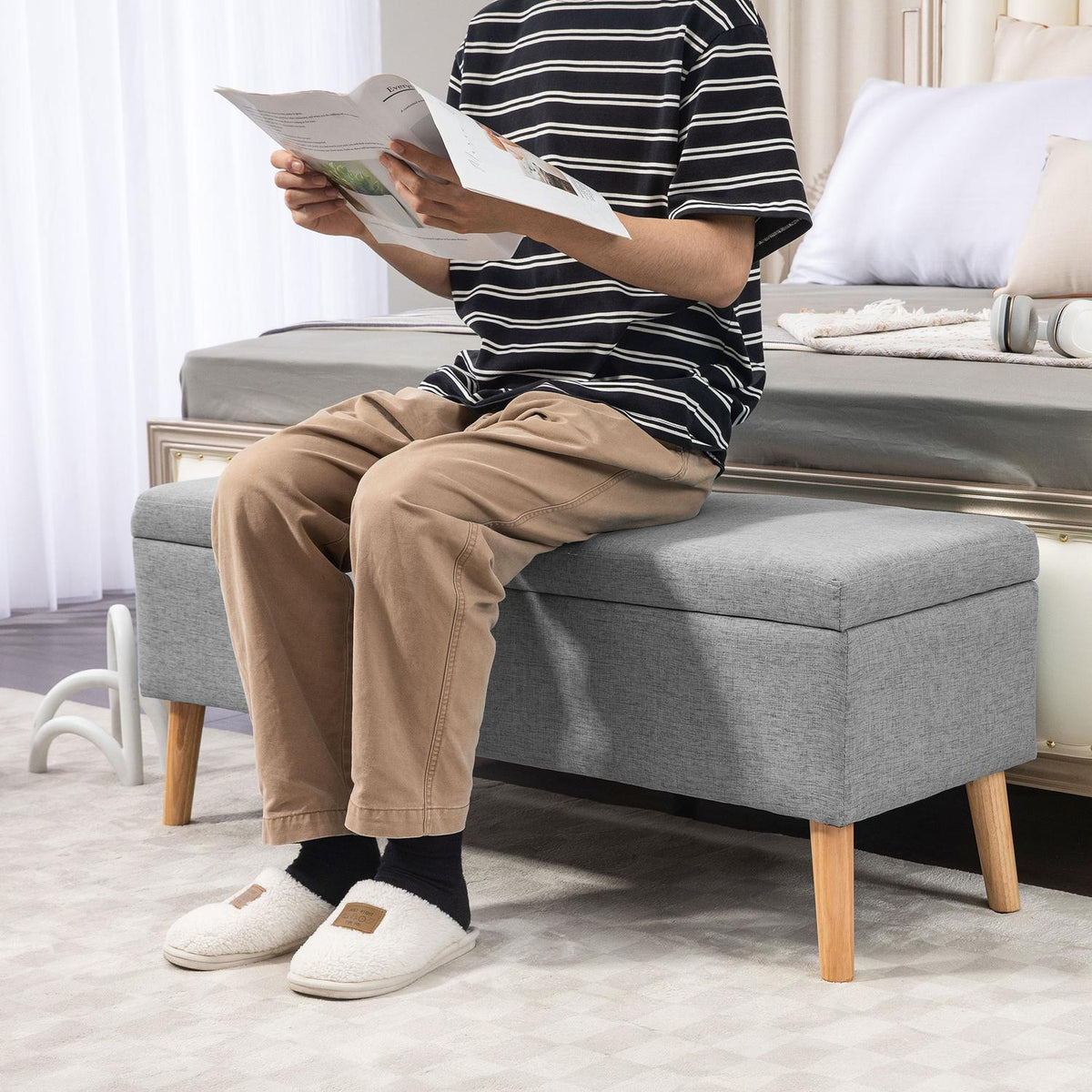 Bench upholstered bench with storage space bed bench with linen look for hallway bedroom living room rubber wood gray 110 x 39 x 45 cm