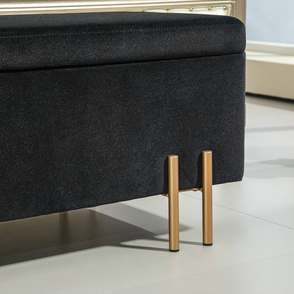 Bench, upholstered bench with storage space, chest bench, fabric, metal, rubber wood, foam, black, 100 x 40 x 42 cm