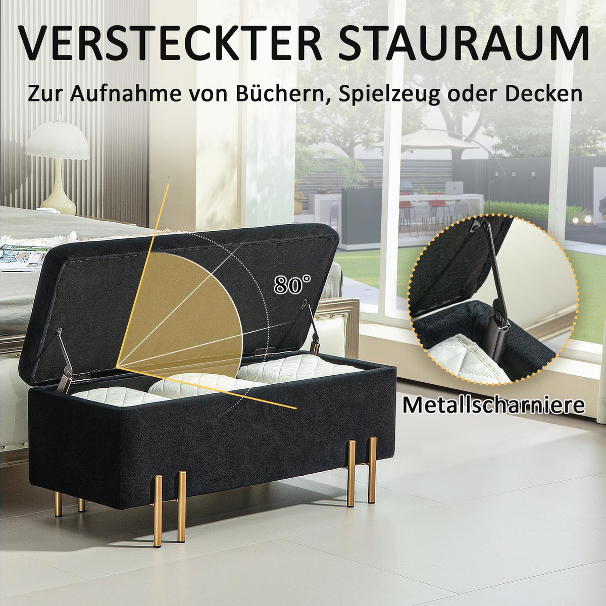 Bench, upholstered bench with storage space, chest bench, fabric, metal, rubber wood, foam, black, 100 x 40 x 42 cm
