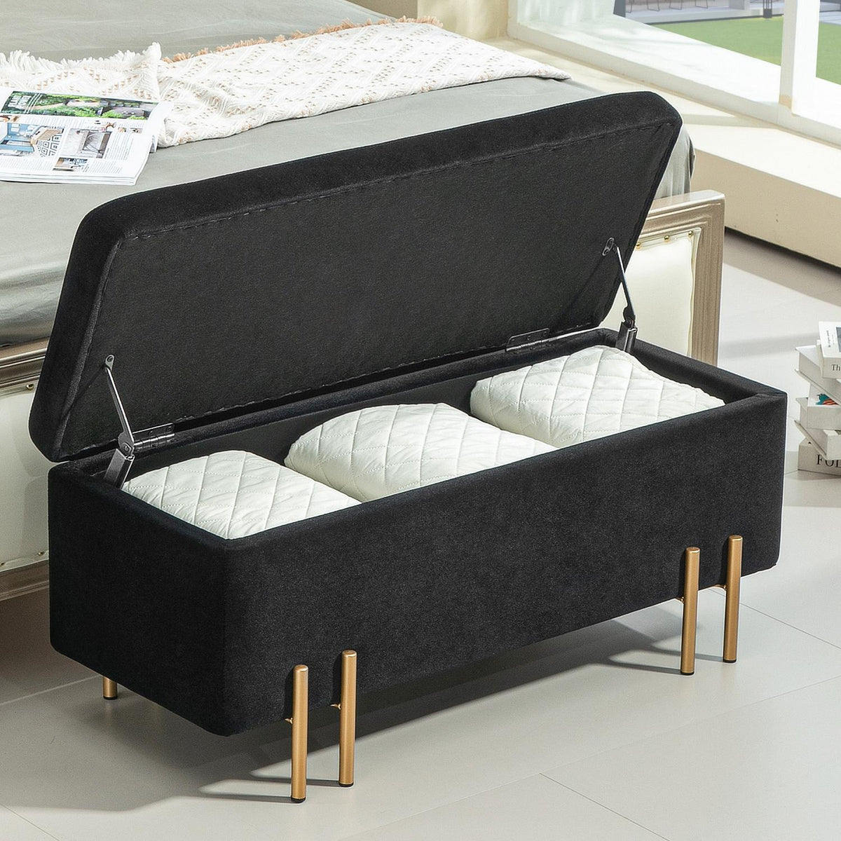 Bench, upholstered bench with storage space, chest bench, fabric, metal, rubber wood, foam, black, 100 x 40 x 42 cm