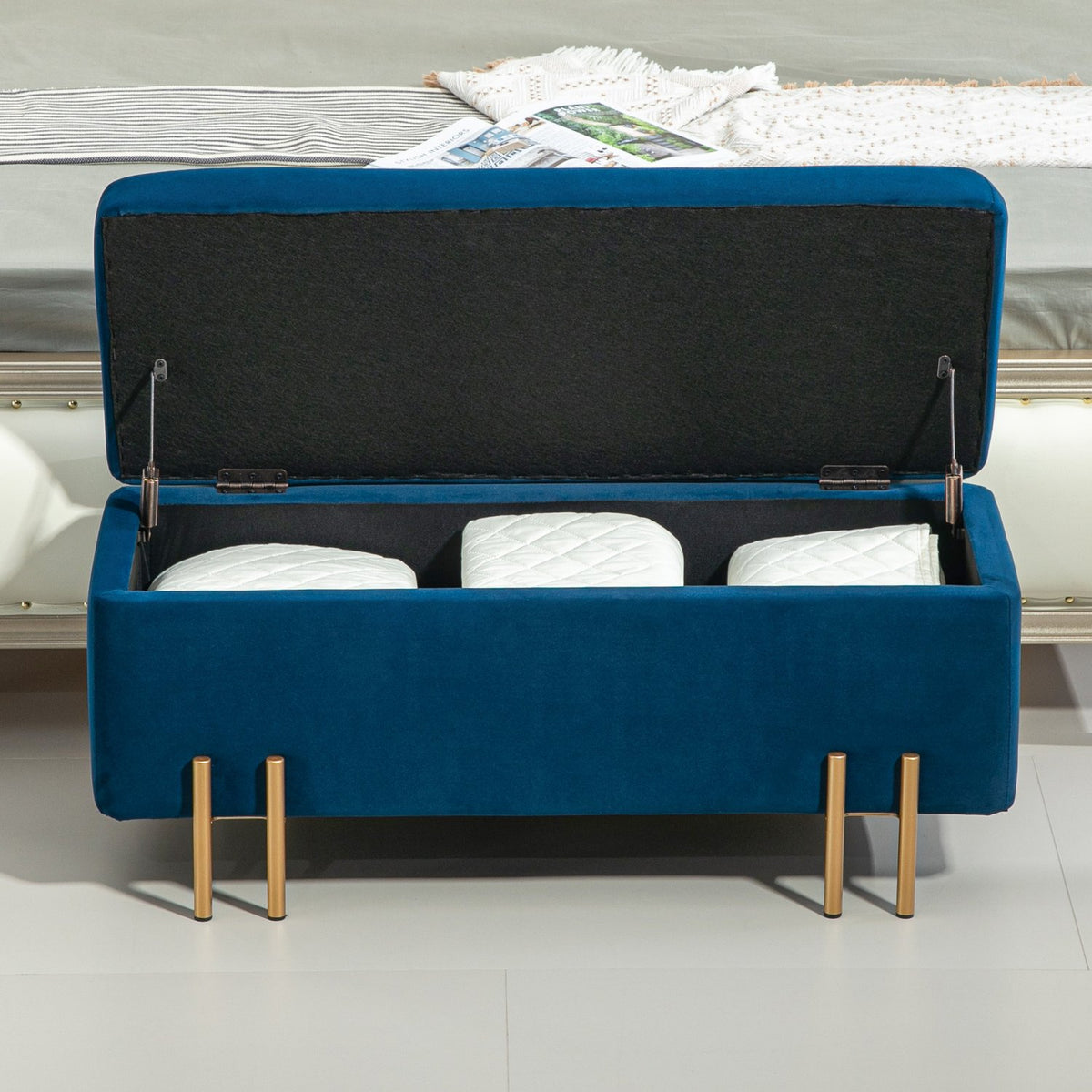 Bench, upholstered bench with storage space, chest bench, fabric, metal, rubber wood, foam, dark blue, 100 x 40 x 42 cm