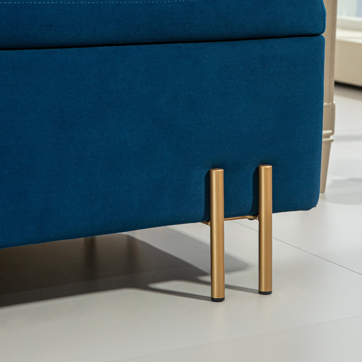 Bench, upholstered bench with storage space, chest bench, fabric, metal, rubber wood, foam, dark blue, 100 x 40 x 42 cm
