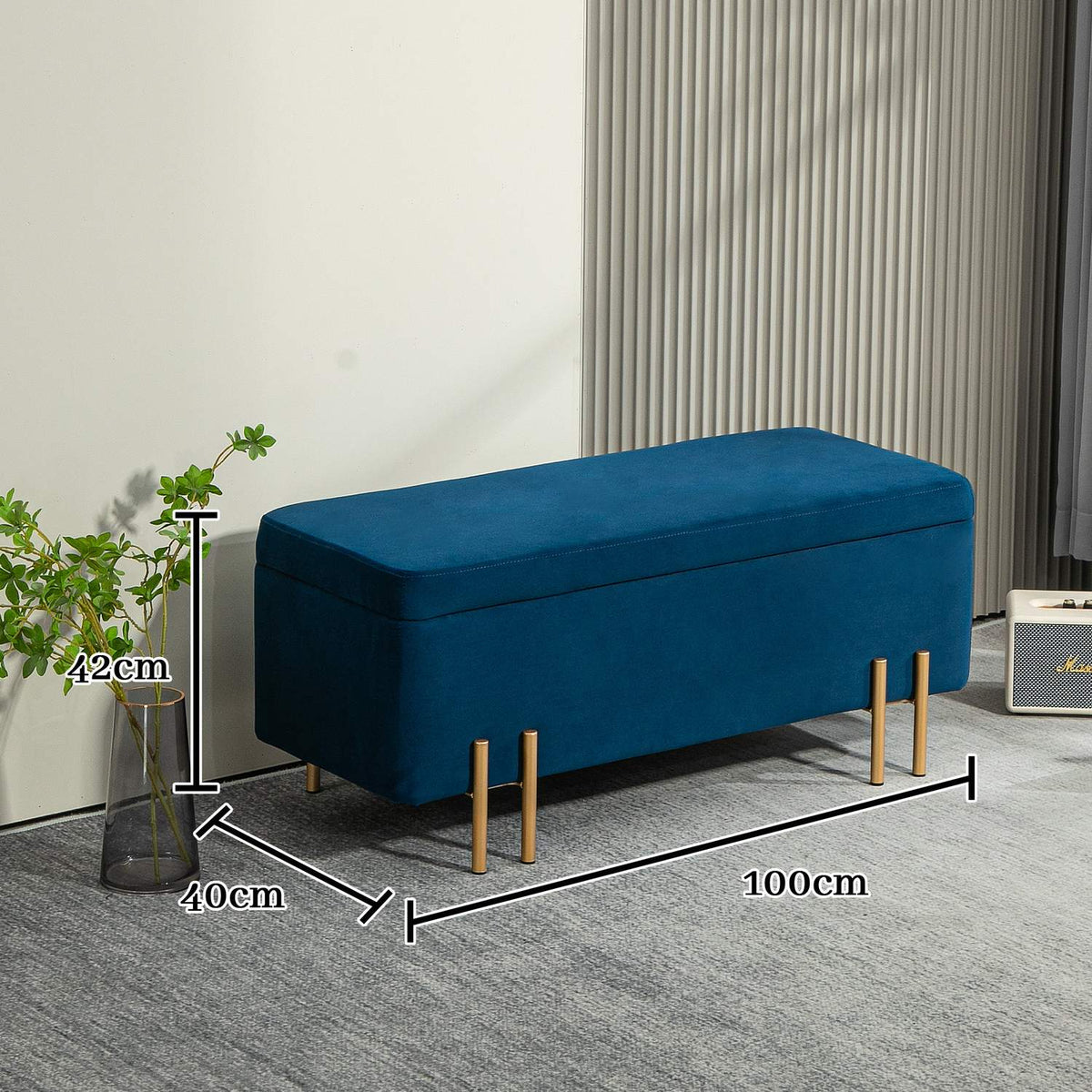 Bench, upholstered bench with storage space, chest bench, fabric, metal, rubber wood, foam, dark blue, 100 x 40 x 42 cm