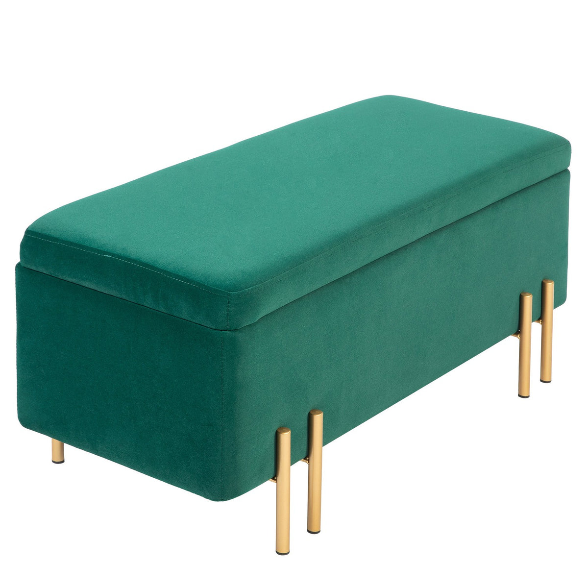 Bench, upholstered bench with storage space, chest bench, fabric, metal, rubber wood, foam, green, 100 x 40 x 42 cm