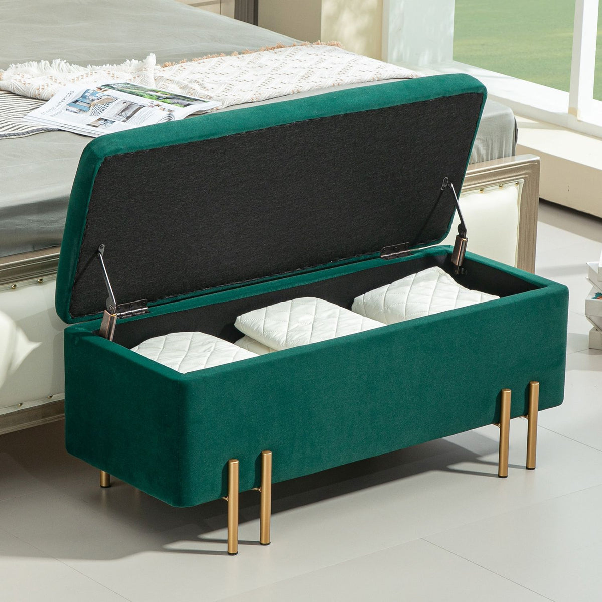 Bench, upholstered bench with storage space, chest bench, fabric, metal, rubber wood, foam, green, 100 x 40 x 42 cm