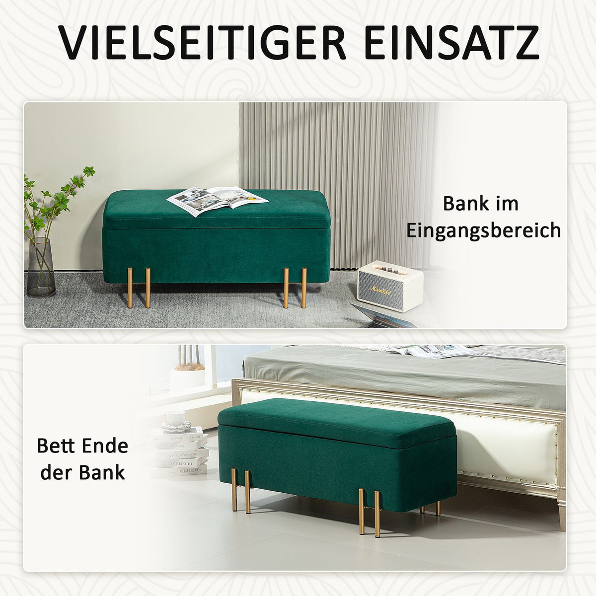 Bench, upholstered bench with storage space, chest bench, fabric, metal, rubber wood, foam, green, 100 x 40 x 42 cm