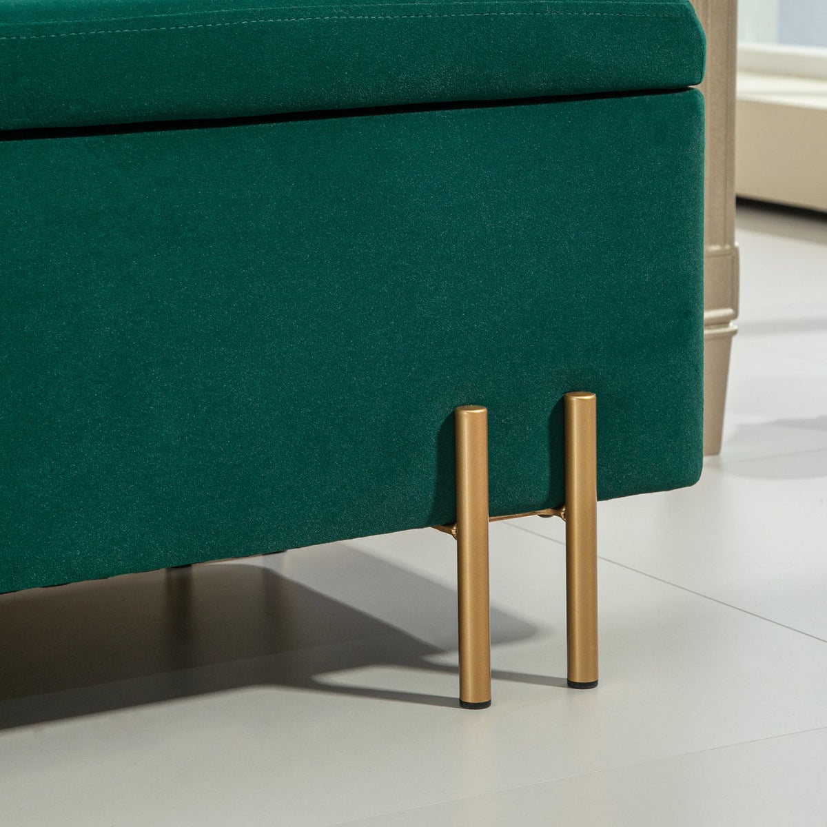 Bench, upholstered bench with storage space, chest bench, fabric, metal, rubber wood, foam, green, 100 x 40 x 42 cm