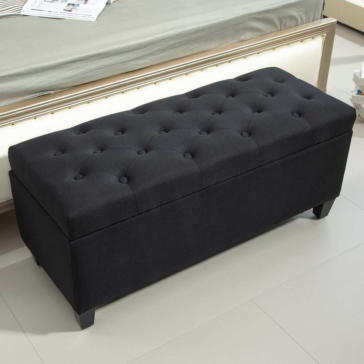 Bench upholstered bench with storage space chest bench hallway bedroom living room linen-like polyester rubber wood black 100 x 40 x 44 cm