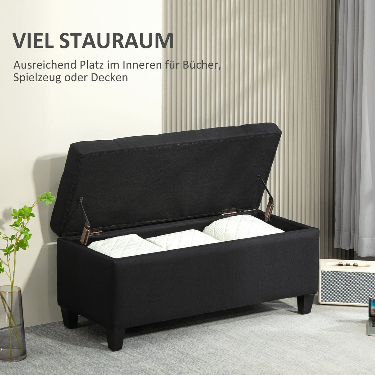Bench upholstered bench with storage space chest bench hallway bedroom living room linen-like polyester rubber wood black 100 x 40 x 44 cm