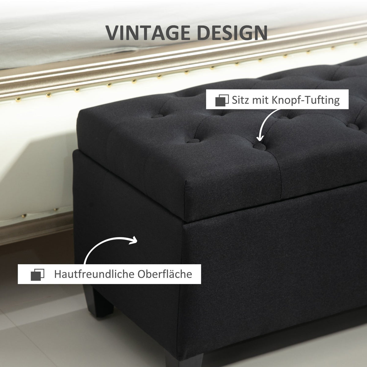 Bench upholstered bench with storage space chest bench hallway bedroom living room linen-like polyester rubber wood black 100 x 40 x 44 cm