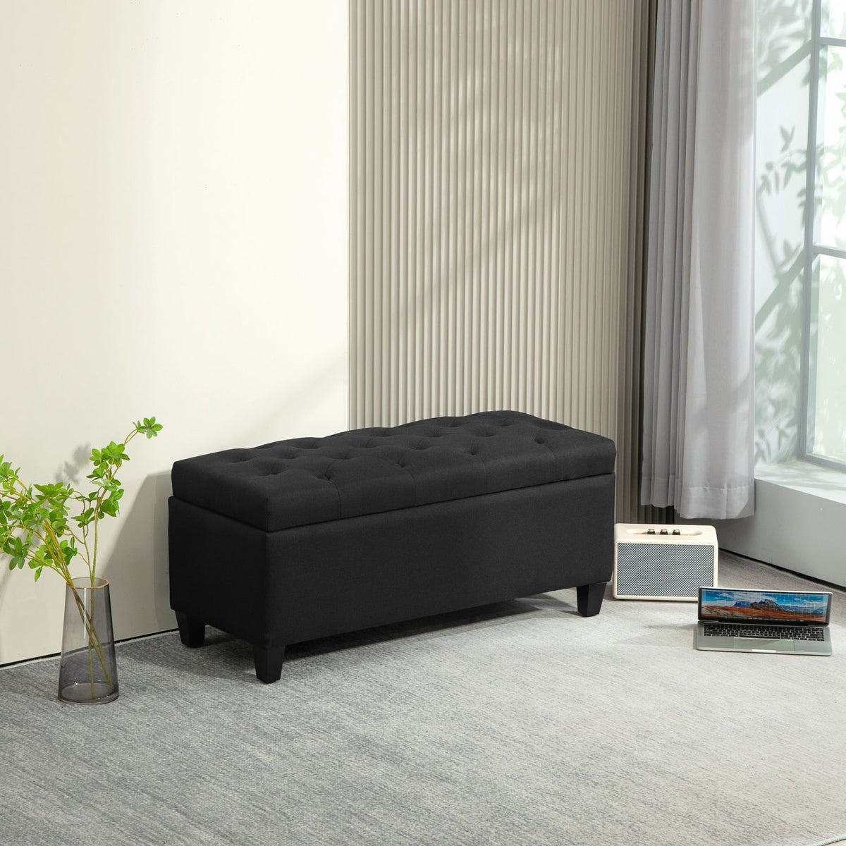 Bench upholstered bench with storage space chest bench hallway bedroom living room linen-like polyester rubber wood black 100 x 40 x 44 cm
