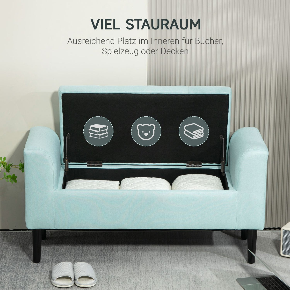 Bench upholstered bench with storage space chest bench hallway bedroom living room linen-like polyester rubber wood green 100 x 40 x 44 cm