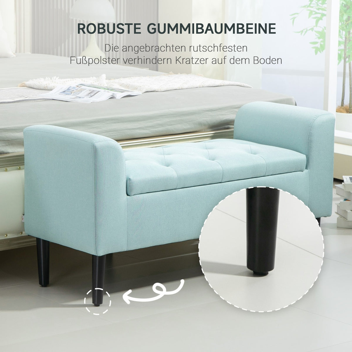 Bench upholstered bench with storage space chest bench hallway bedroom living room linen-like polyester rubber wood green 100 x 40 x 44 cm