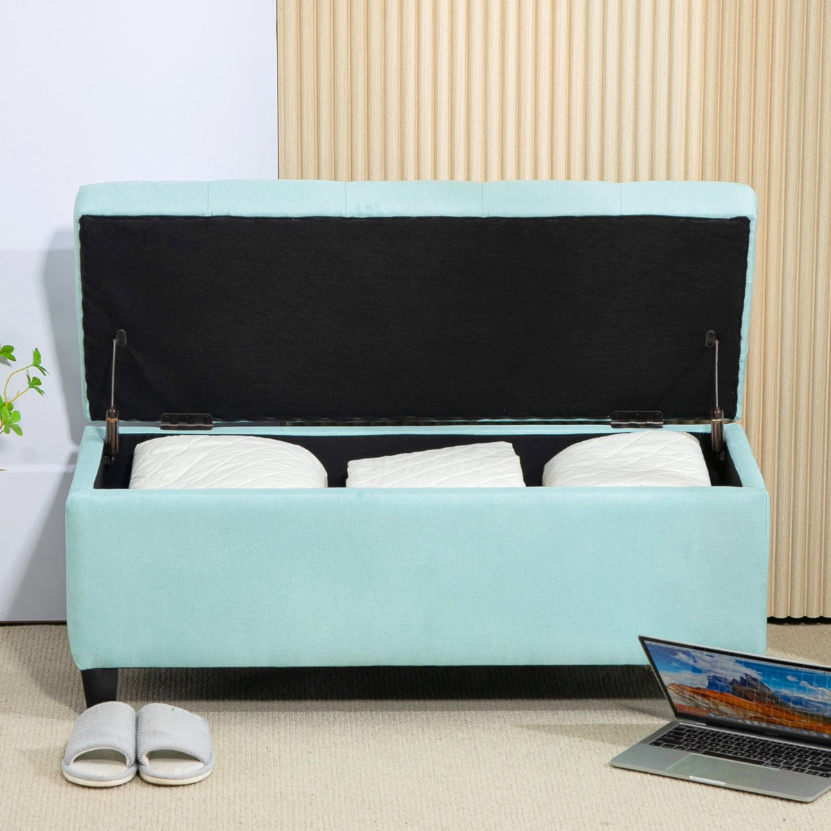 Bench upholstered bench with storage space chest bench hallway bedroom living room linen-like polyester rubber wood green 100 x 40 x 44 cm
