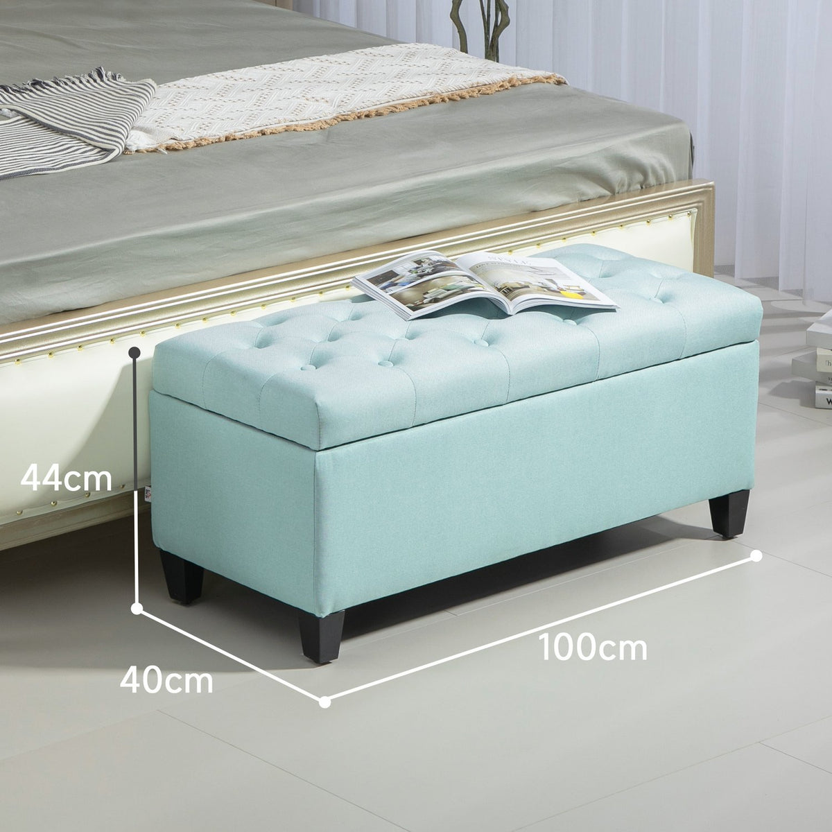 Bench upholstered bench with storage space chest bench hallway bedroom living room linen-like polyester rubber wood green 100 x 40 x 44 cm