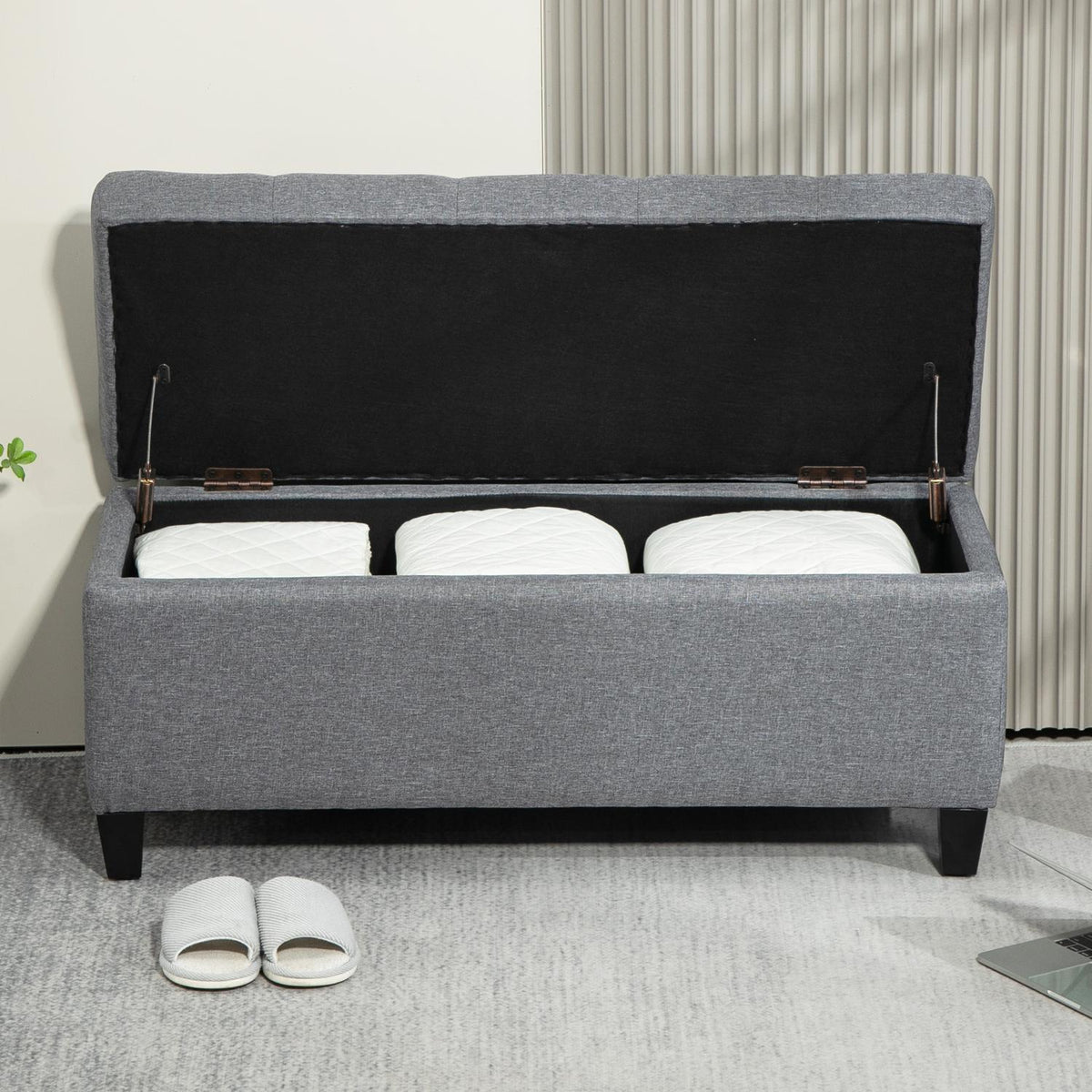 Bench upholstered bench with storage space chest bench hallway bedroom living room linen-like polyester rubber wood light gray 100 x 40 x 44 cm